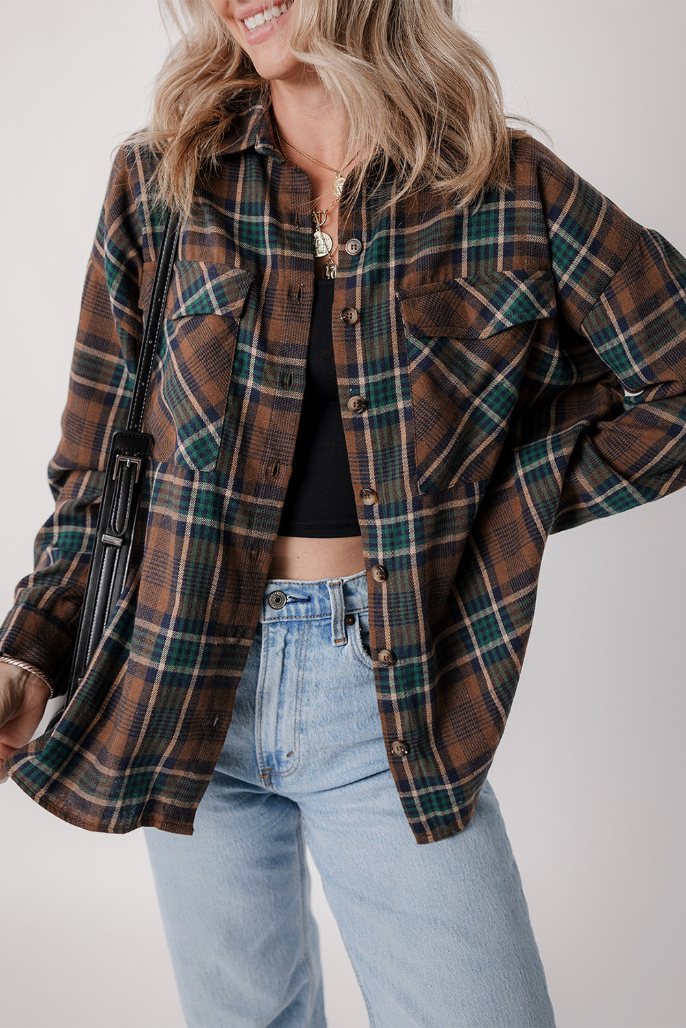 Plaid Oversized Button-Up Shirt – Earth Tones