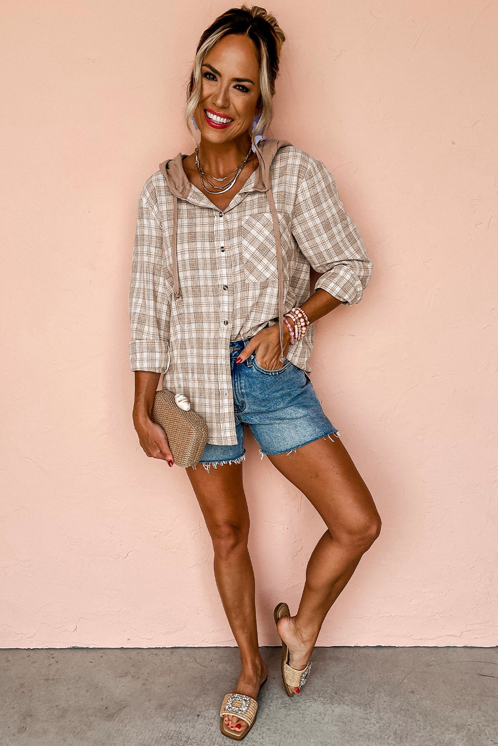 Neutral Plaid Lightweight Hoodie Shirt
