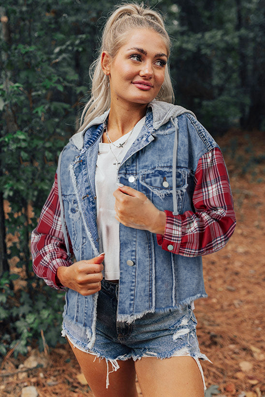 Plaid Sleeve Distressed Denim Jacket with Hoodie