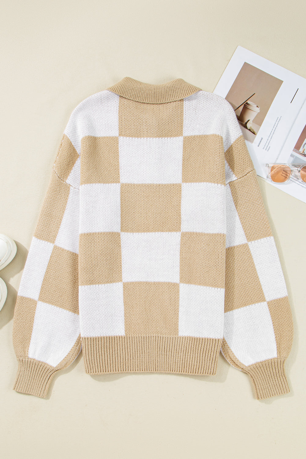 French Beige Polo Collar Loose Sweater