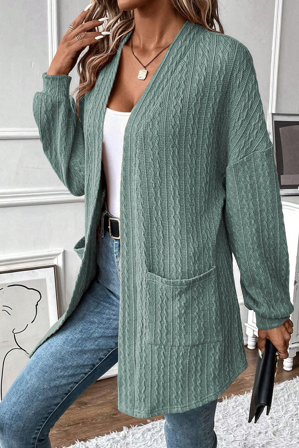 Canton Knit Side Pockets Open Front Cardigan