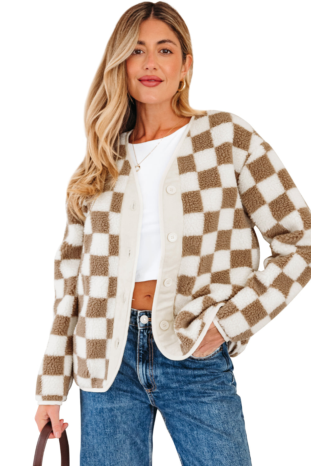 Brown Checkered Sherpa Buttoned Jacket