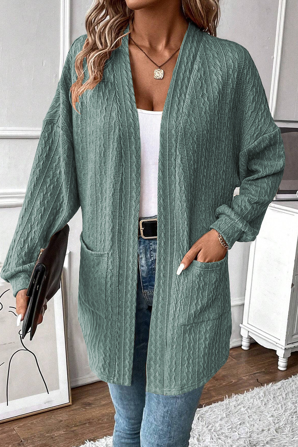 Canton Knit Side Pockets Open Front Cardigan