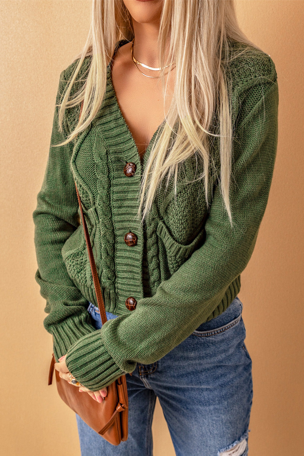 Green Front Pockets Textured Cardigan