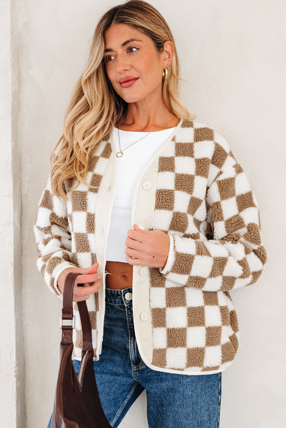 Brown Checkered Sherpa Buttoned Jacket