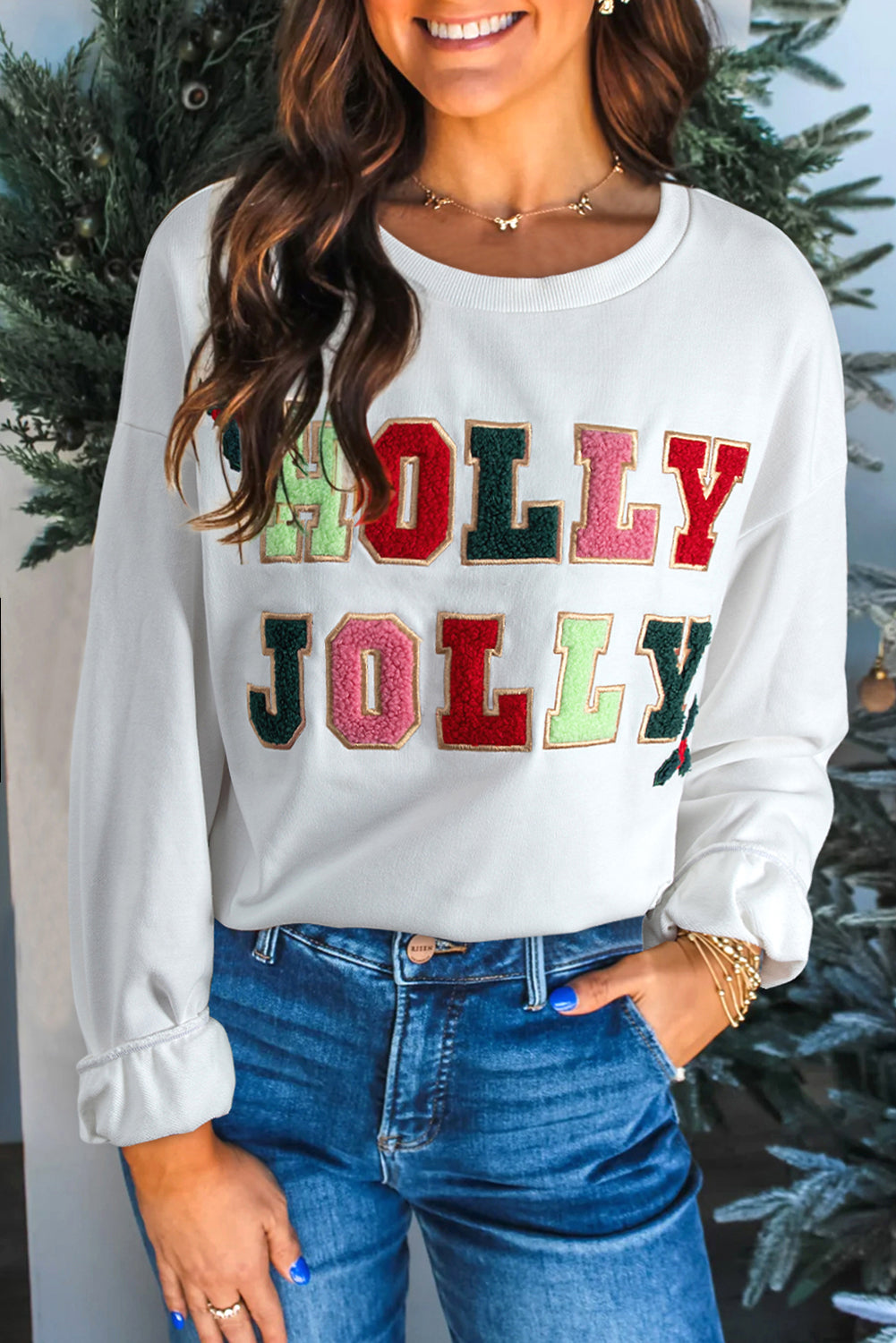 White HOLLY JOLLY Pullover Sweatshirt