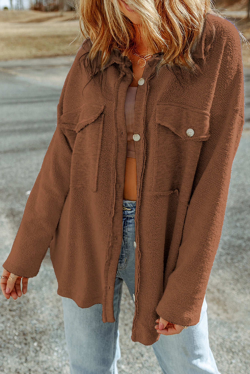 Black Contrast Flap Pockets Relaxed Shacket