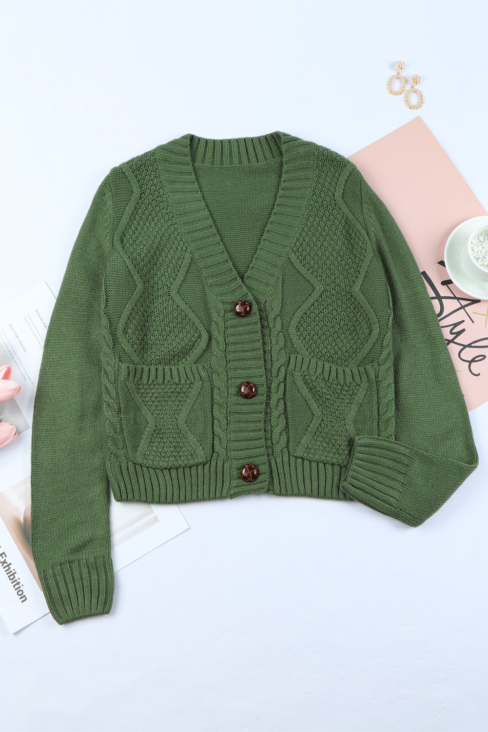 Green Front Pockets Textured Cardigan