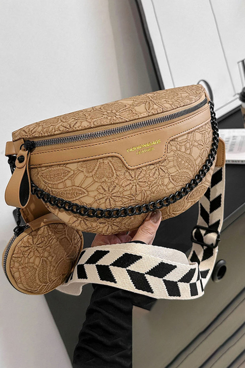 Camel Colorblock Strap Chain Shoulder Bag