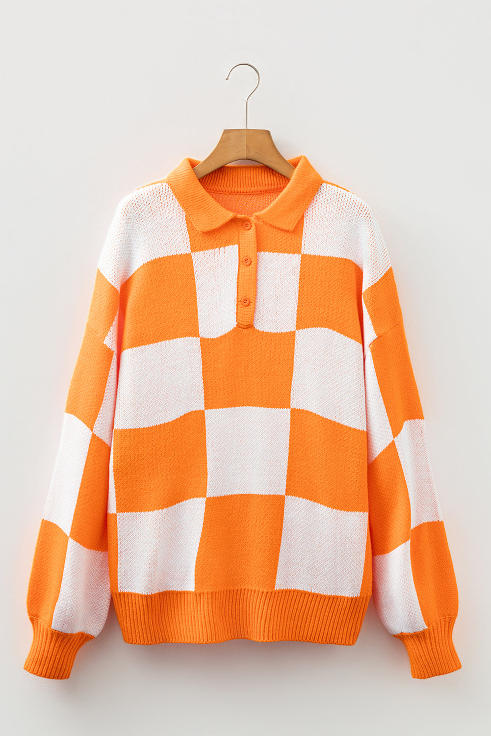 Checkered Polo Collar Loose Sweater