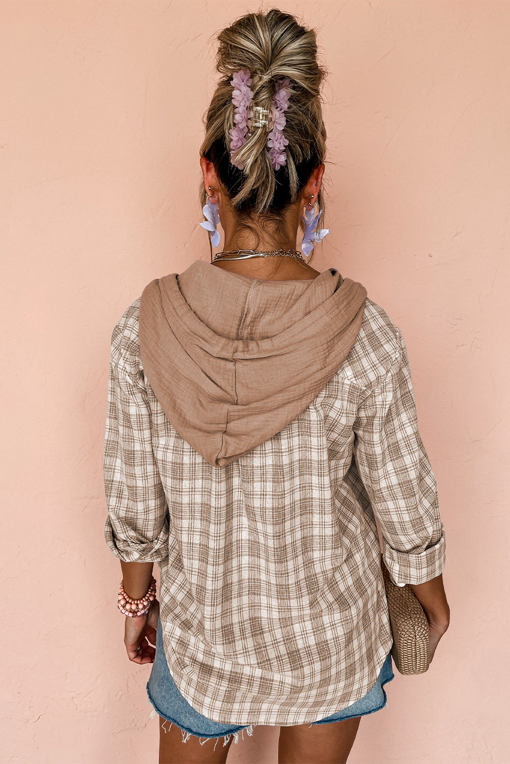 Neutral Plaid Lightweight Hoodie Shirt