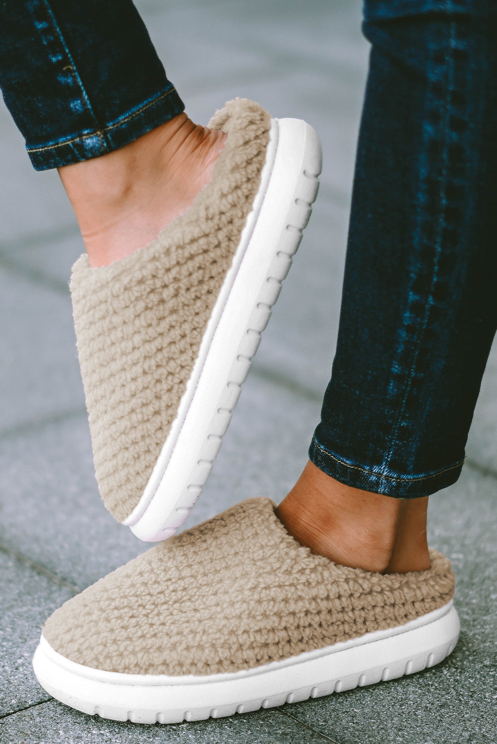 Pale Khaki Two-tone Knitted Slippers