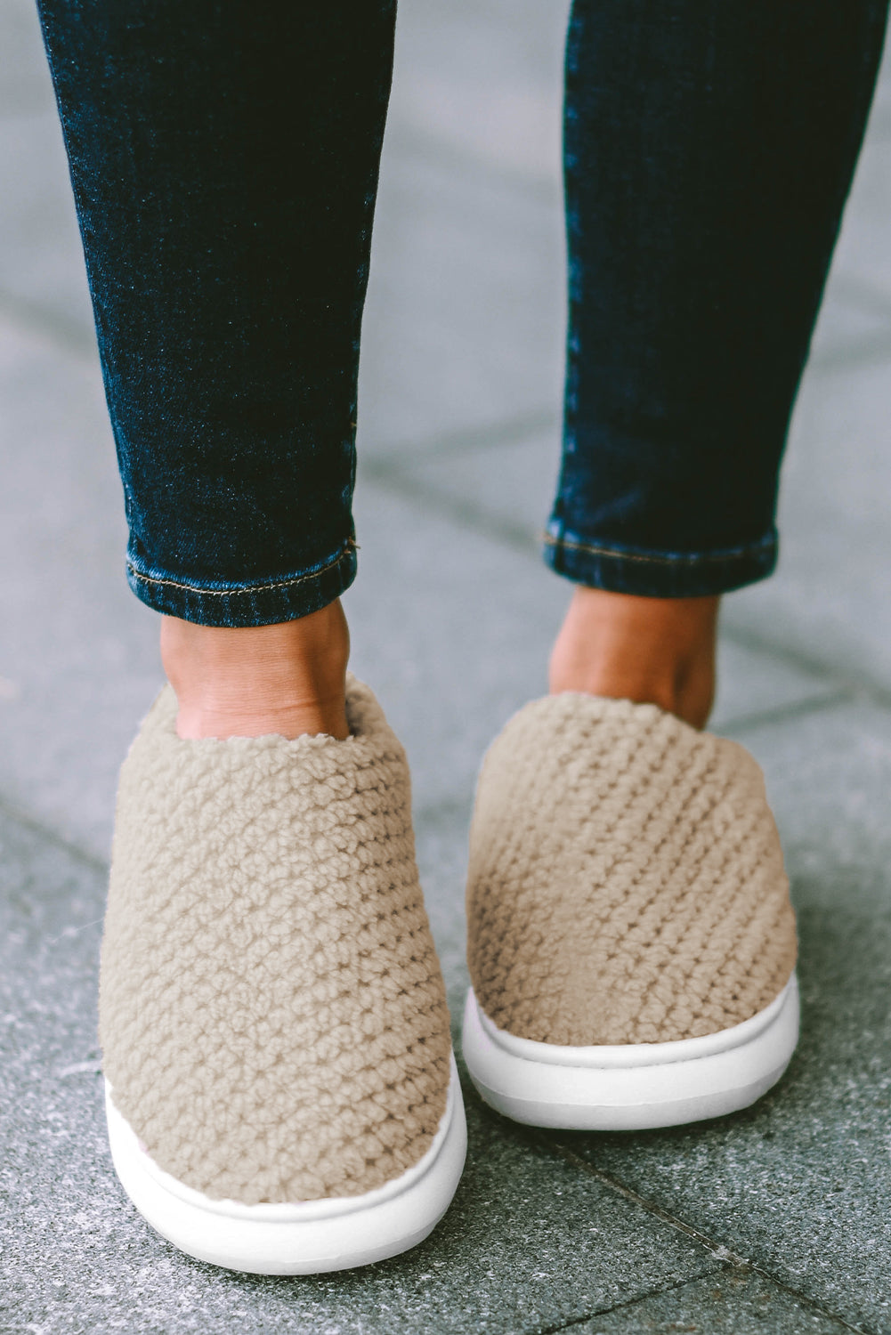 Pale Khaki Two-tone Knitted Slippers