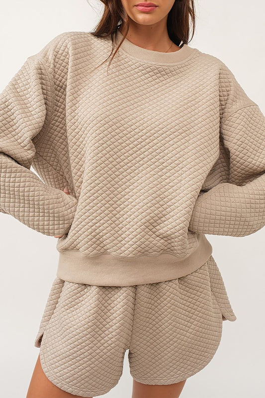 Waffle Knit Lounge Set – Two-Piece Cozy Pullover & Shorts (Beige)