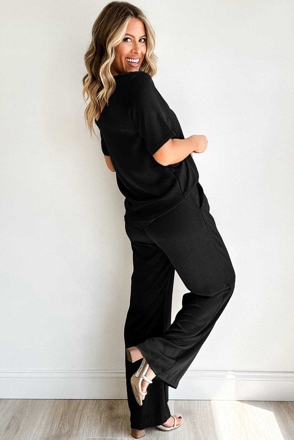 Wide‑Leg Black Lounge Set – Short Sleeve Top + Matching Pants
