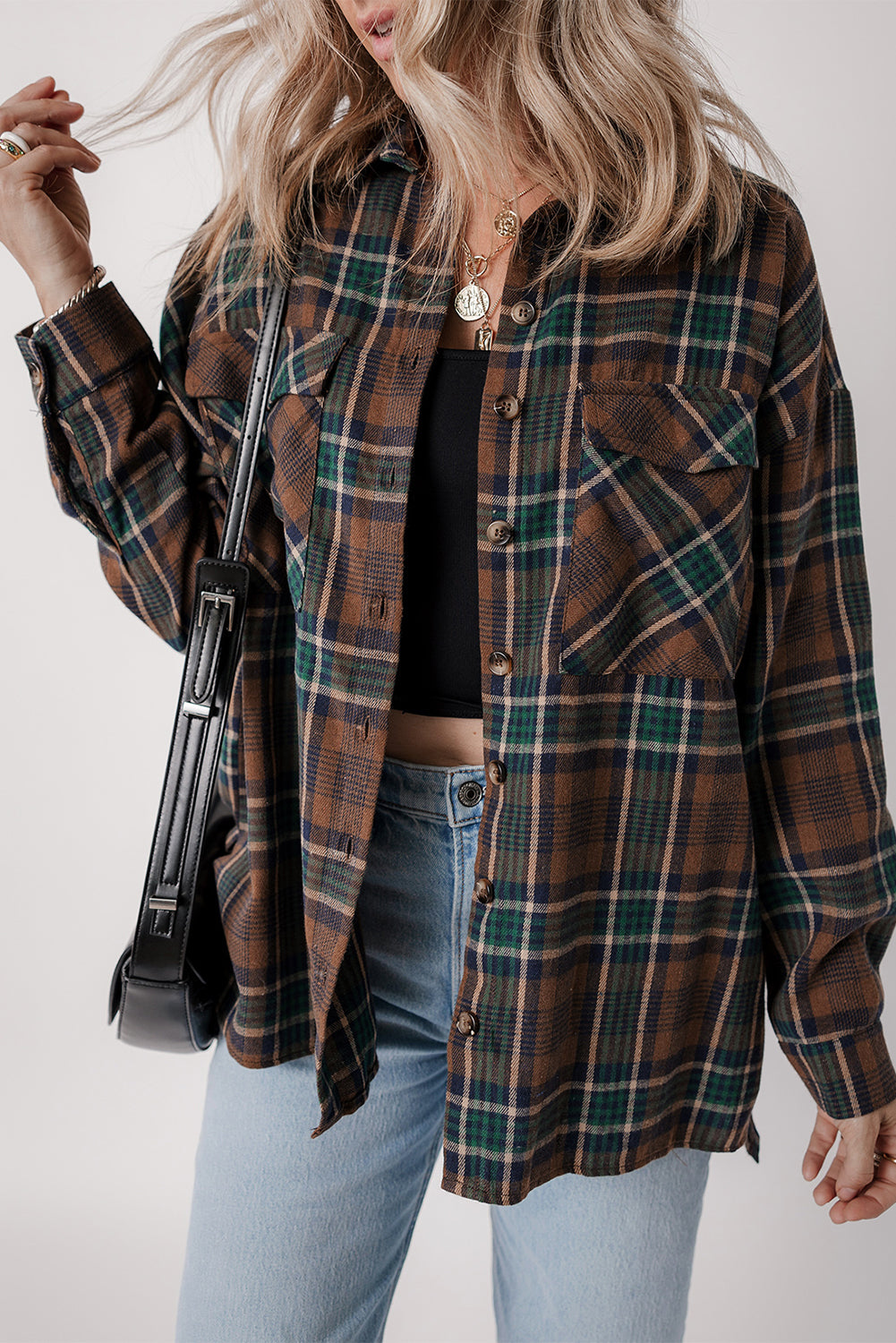 Plaid Oversized Button-Up Shirt – Earth Tones