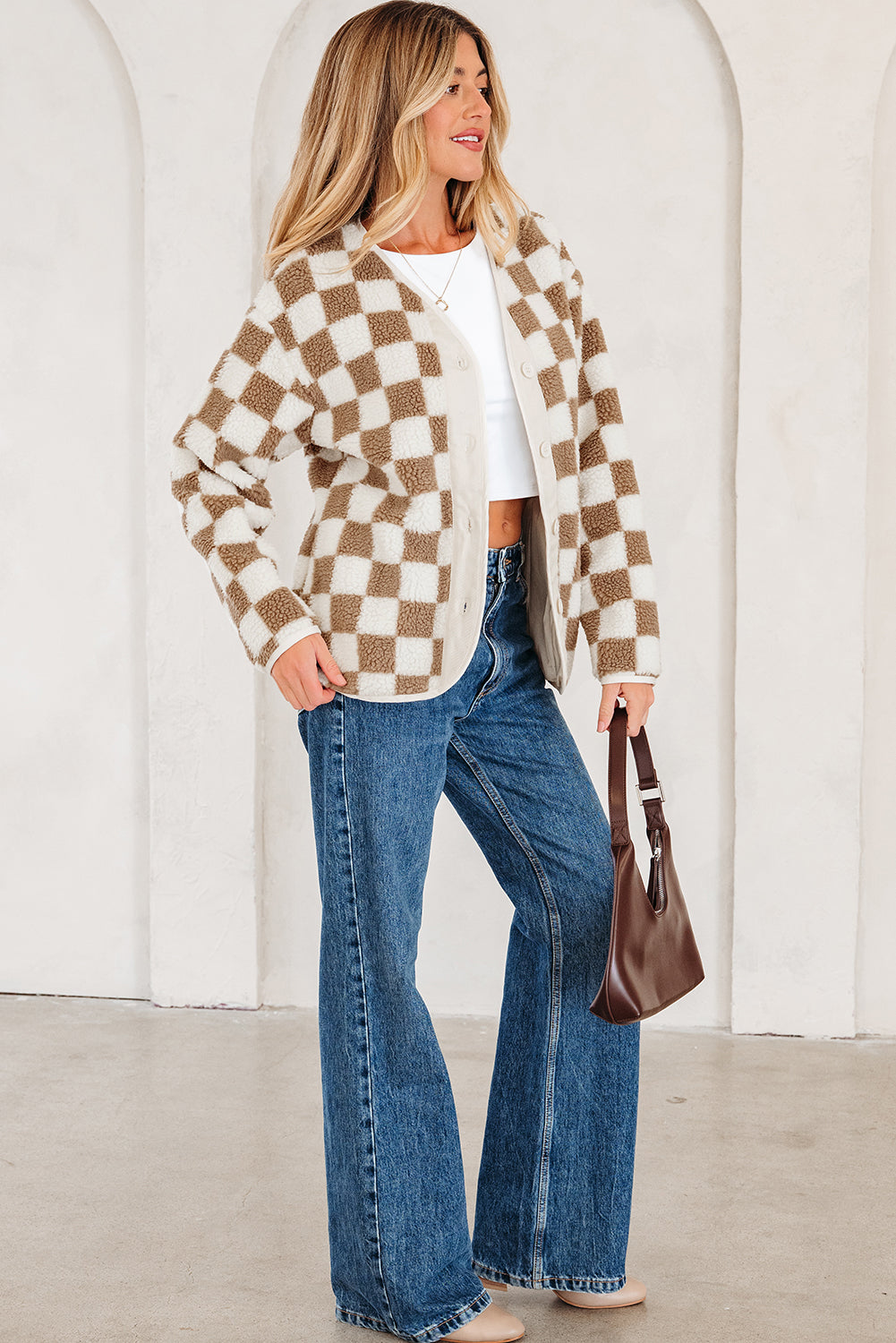Brown Checkered Sherpa Buttoned Jacket