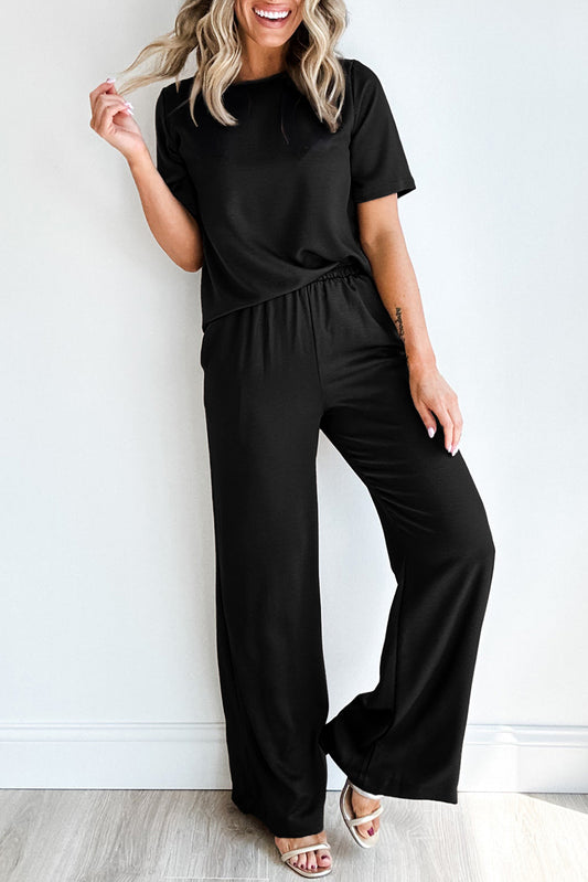 Wide‑Leg Black Lounge Set – Short Sleeve Top + Matching Pants