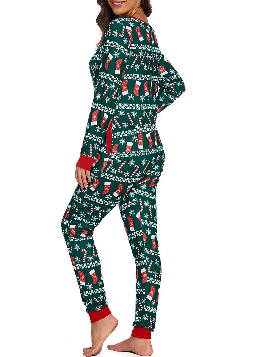 Holiday Cheer Jumpsuit – Women’s Christmas Print One-Piece Pajamas (Green or White)