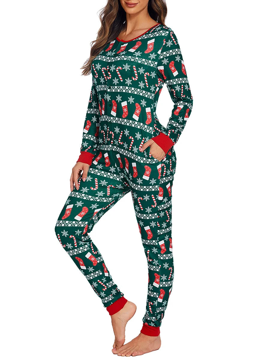Holiday Cheer Jumpsuit – Women’s Christmas Print One-Piece Pajamas (Green or White)