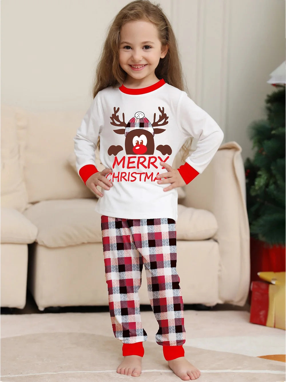 Family Christmas Pajamas Set – Reindeer & Plaid Print