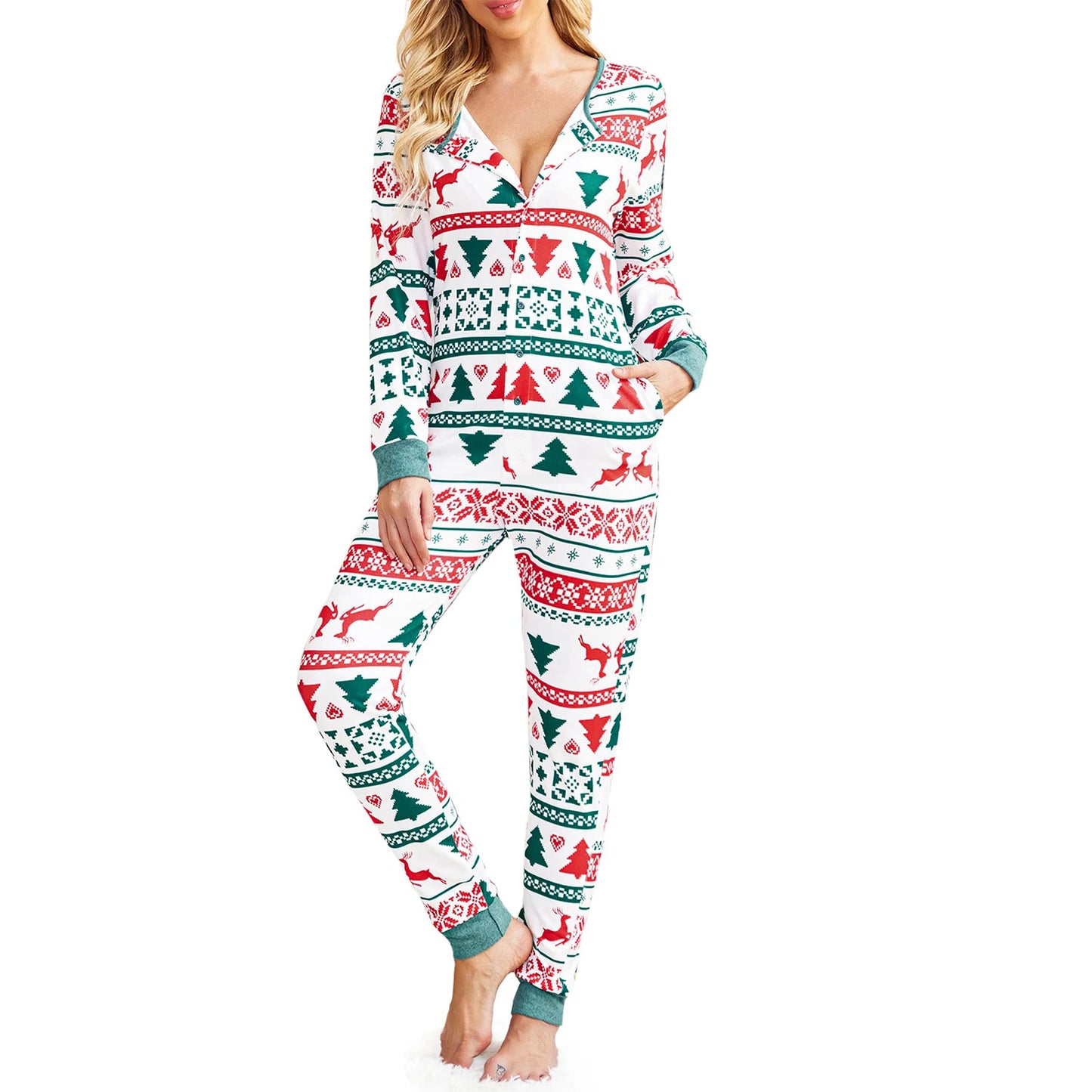 Holiday Cheer Jumpsuit – Women’s Christmas Print One-Piece Pajamas (Green or White)