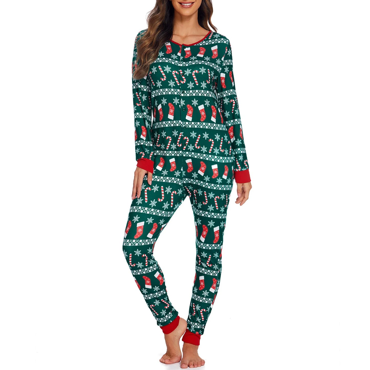 Holiday Cheer Jumpsuit – Women’s Christmas Print One-Piece Pajamas (Green or White)
