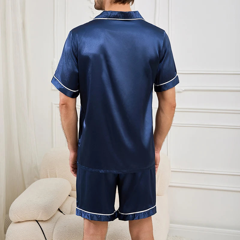 Men’s Satin Pajama Set – 2PC Button-Up Shirt + Shorts Sleepwear (Multiple Colors)