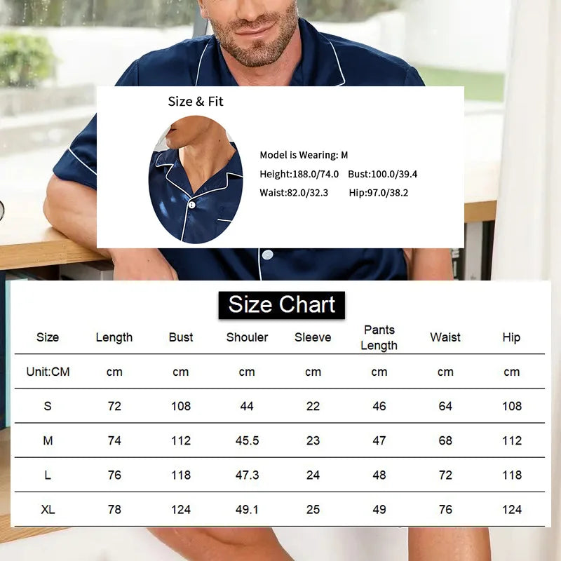 Men’s Satin Pajama Set – 2PC Button-Up Shirt + Shorts Sleepwear (Multiple Colors)