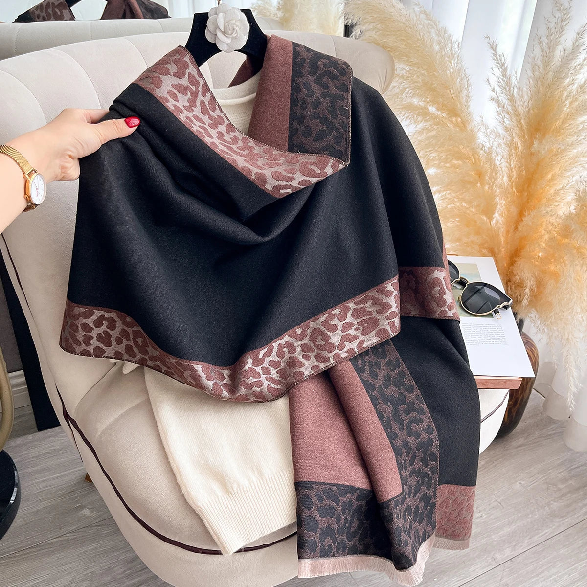 Cashmere Plaid Leopard Shawl
