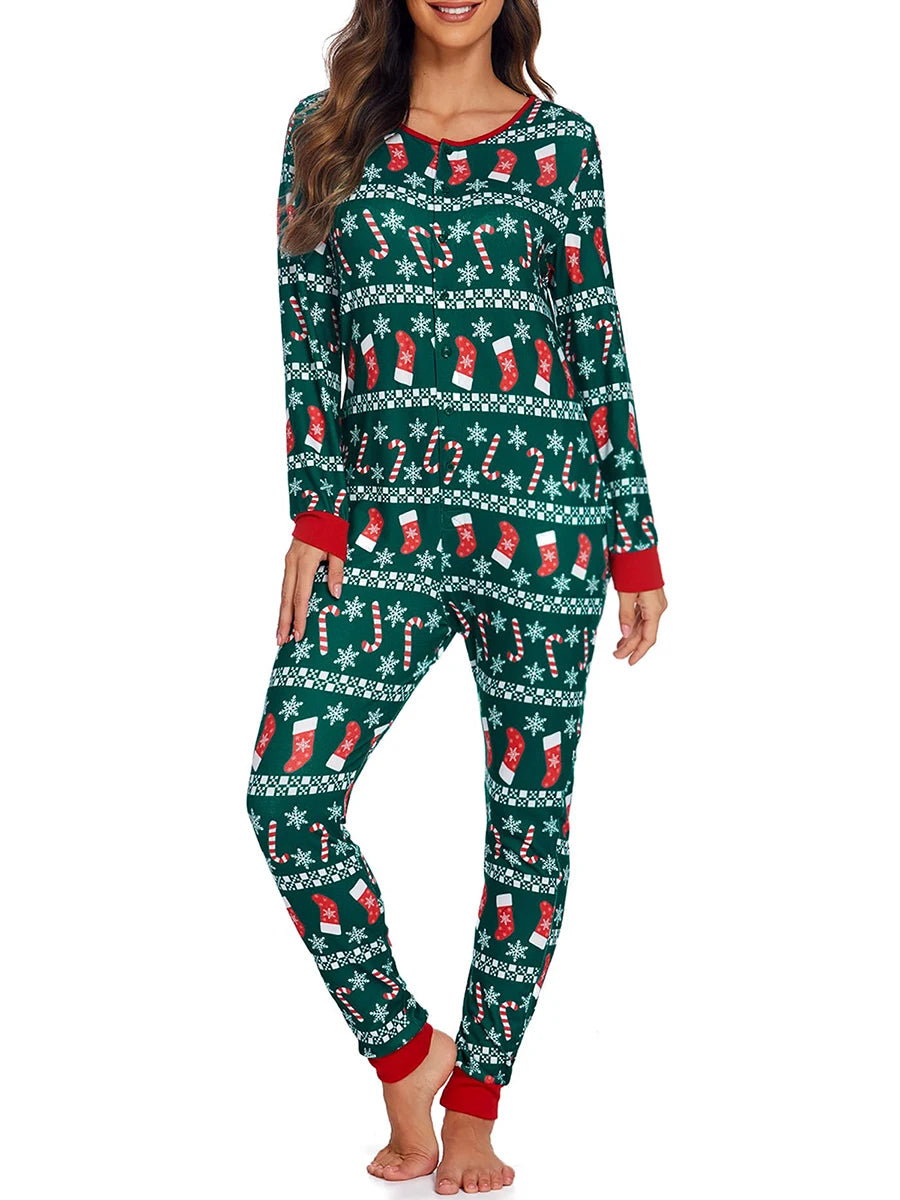 Holiday Cheer Jumpsuit – Women’s Christmas Print One-Piece Pajamas (Green or White)