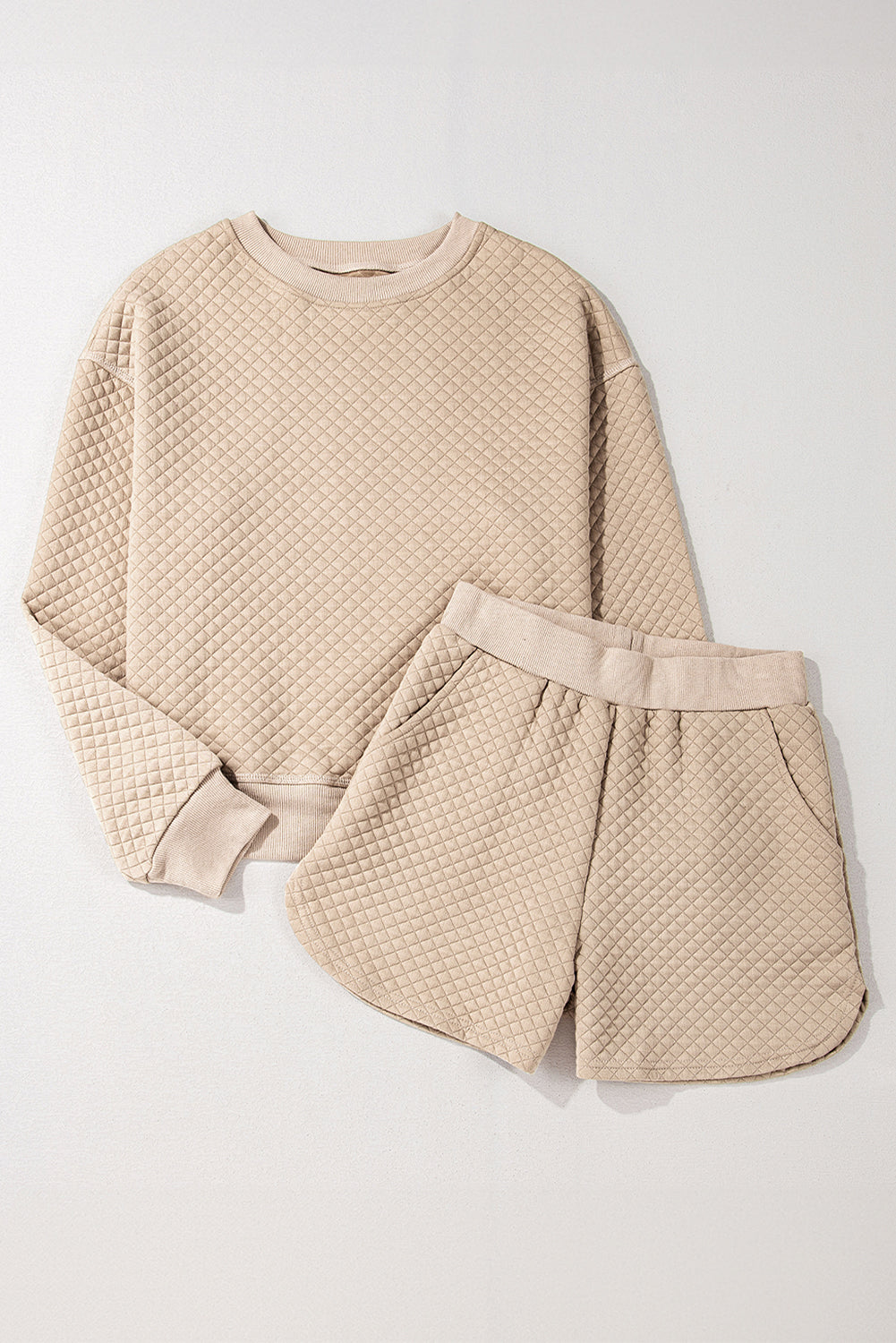 Waffle Knit Lounge Set – Two-Piece Cozy Pullover & Shorts (Beige)