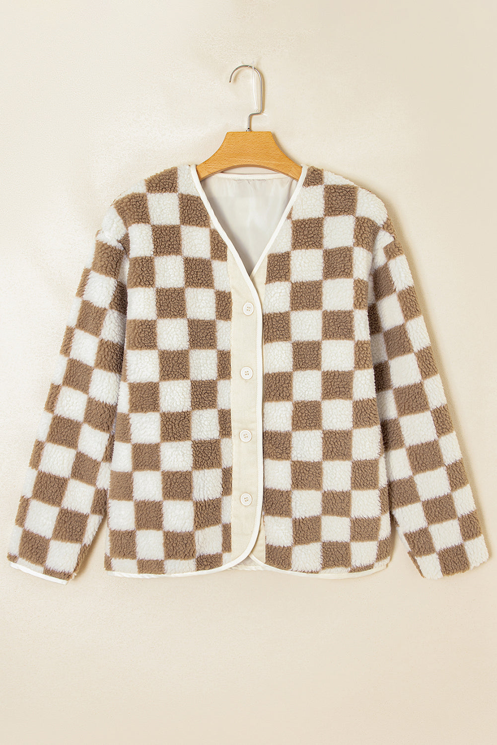 Brown Checkered Sherpa Buttoned Jacket