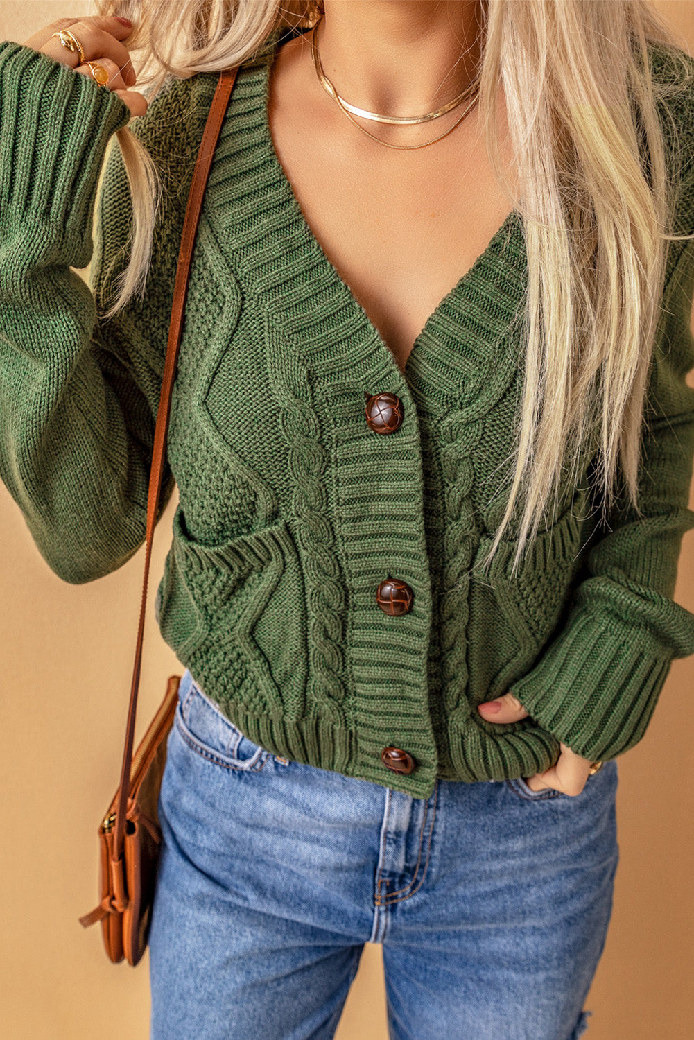 Green Front Pockets Textured Cardigan
