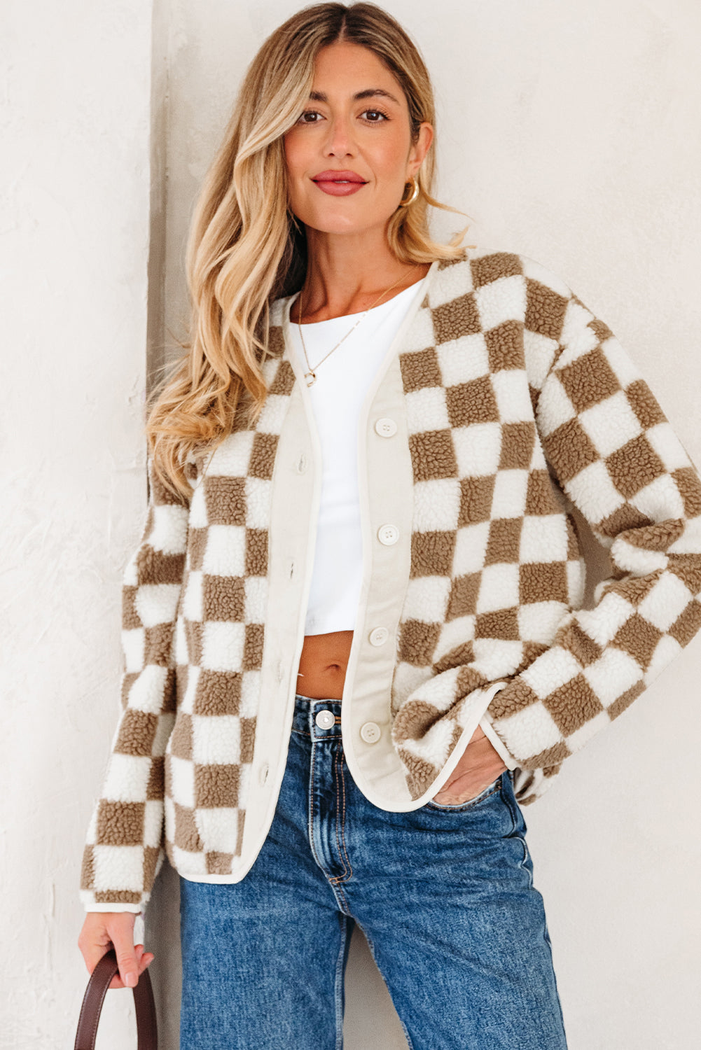 Brown Checkered Sherpa Buttoned Jacket