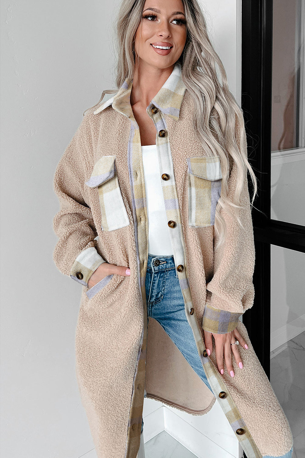 Plaid Pocket Teddy Coat – Beige