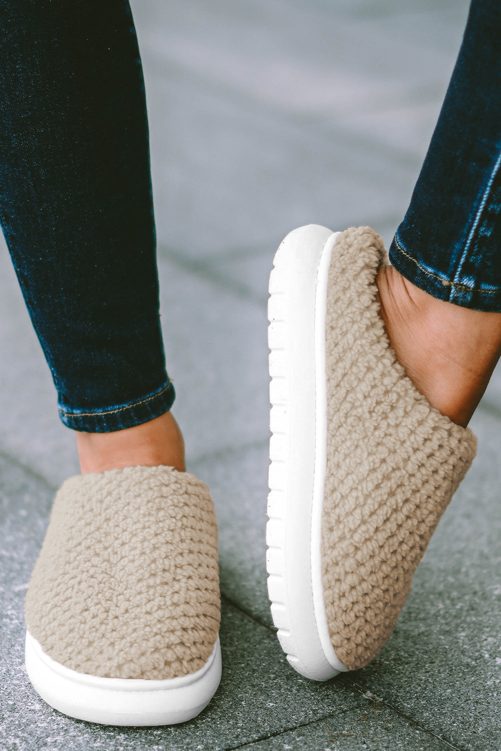 Pale Khaki Two-tone Knitted Slippers