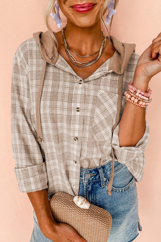 Neutral Plaid Lightweight Hoodie Shirt