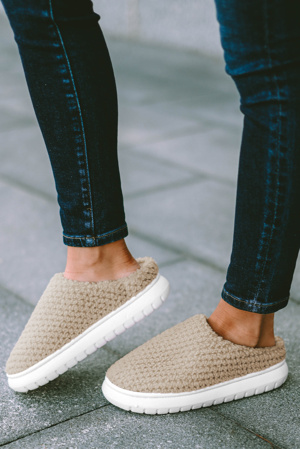Pale Khaki Two-tone Knitted Slippers
