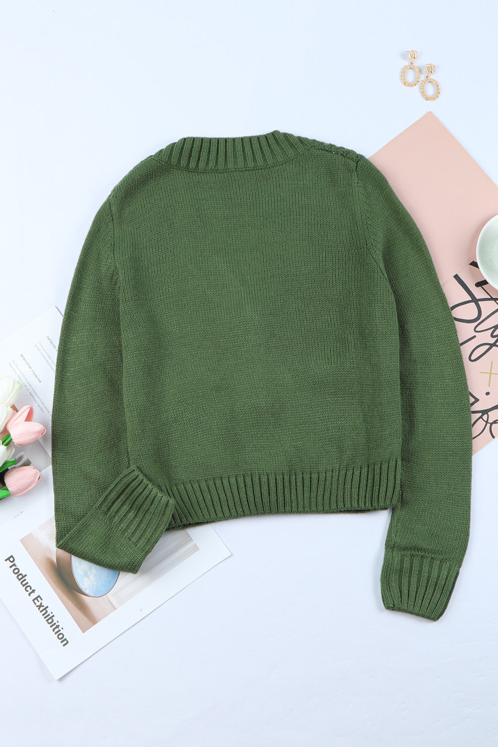Green Front Pockets Textured Cardigan