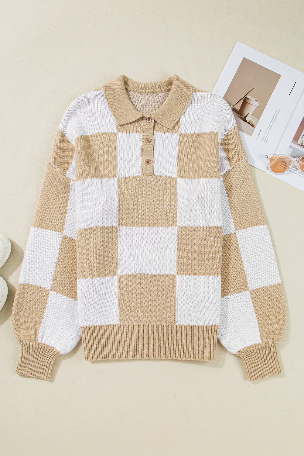 French Beige Polo Collar Loose Sweater