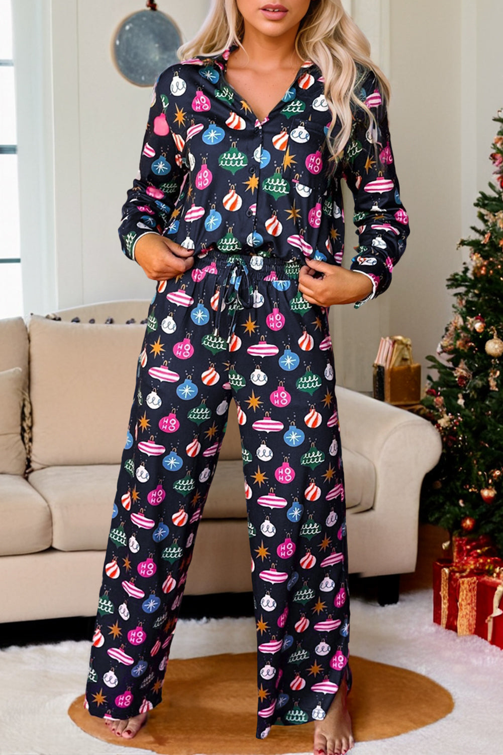 Midnight Ornament Holiday Pajama Set – Two-Piece Button-Up & Drawstring Pants