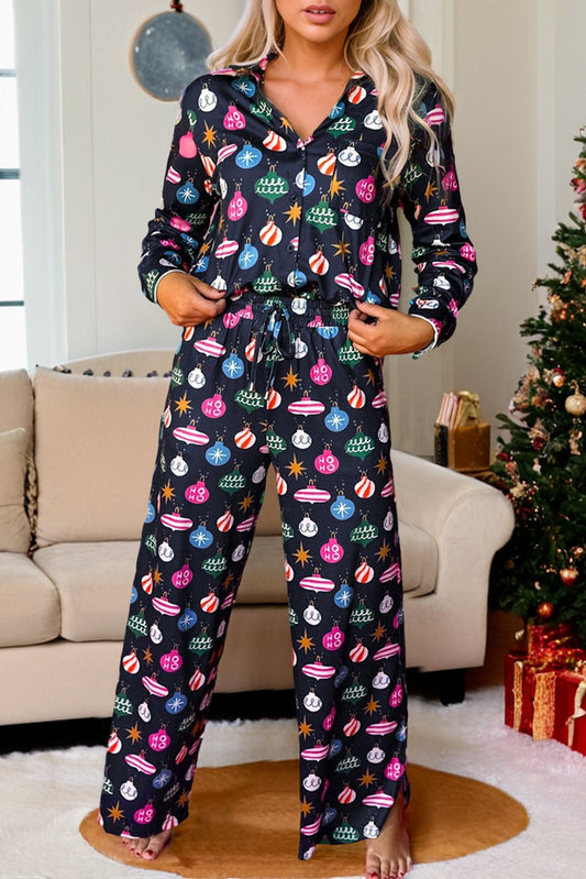 Midnight Ornament Holiday Pajama Set – Two-Piece Button-Up & Drawstring Pants