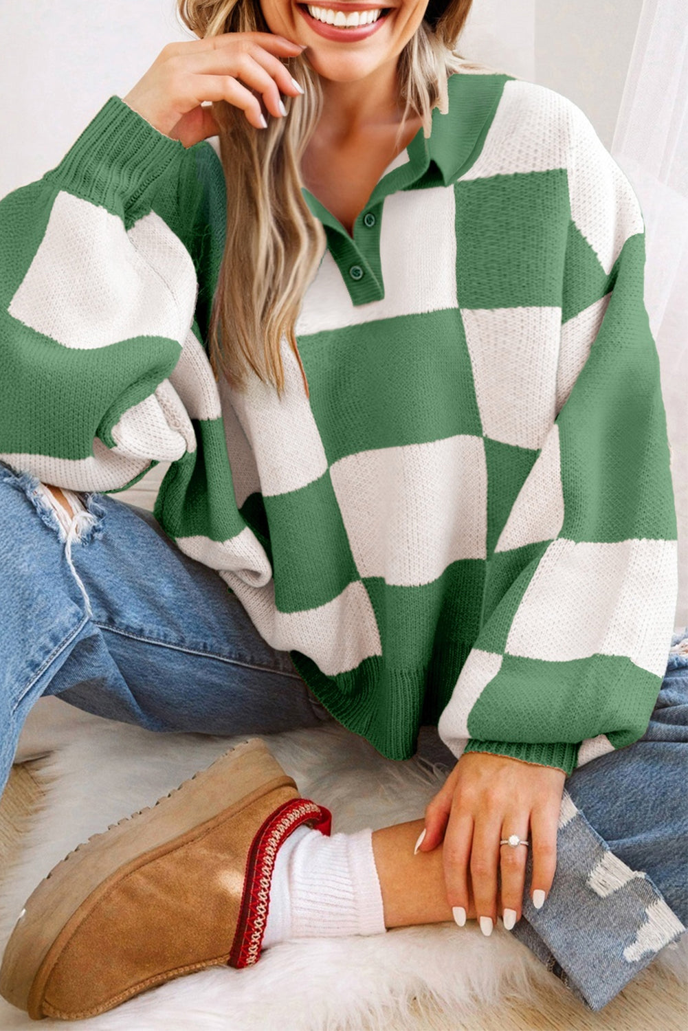 Mist Green Polo Collar Loose Sweater