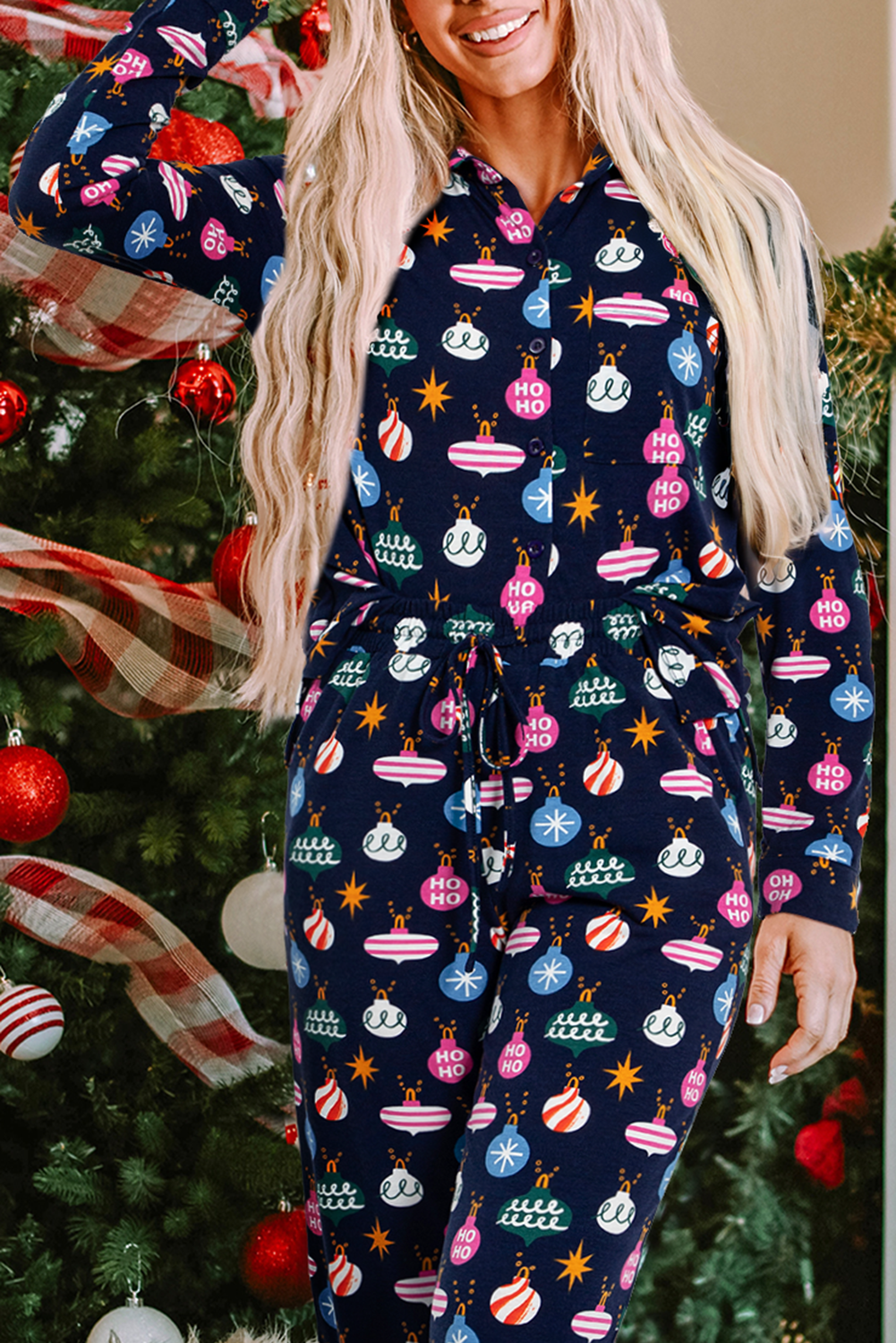 Midnight Ornament Holiday Pajama Set – Two-Piece Button-Up & Drawstring Pants