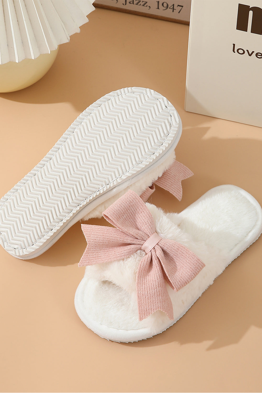 White Bow Plush Slippers